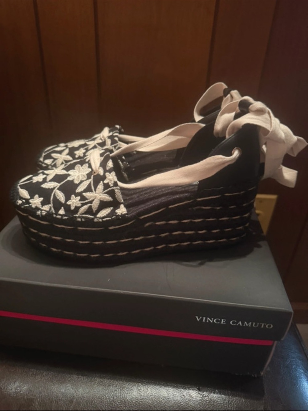 Vince Camuto Black Embroidered Espadrille Platform with Cream Ties